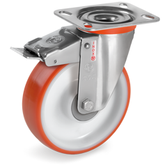 Injection polyurethane wheels, polyamide 6 centre, swivel top plate bracket type NLX with front lock