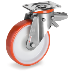 Thermoplastic polyurethane wheels, polyamide 6 centre, swivel top plate bracket type PX with rear lock