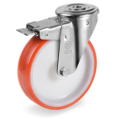 Injection polyurethane wheels, polyamide 6 centre, swivel bracket with bolt hole type NL with front lock