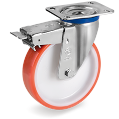 Injection polyurethane wheels, polyamide 6 centre, swivel top plate bracket type M with front lock