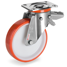 Injection polyurethane wheels, polyamide 6 centre, swivel top plate bracket type PX with adjustable brake