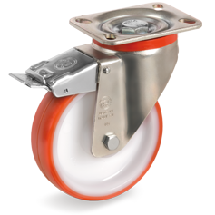 Injection polyurethane wheels, polyamide 6 centre, swivel top plate bracket type NL with front lock