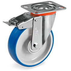 Injection polyurethane wheels, polyamide 6 centre, swivel top plate bracket type NL with front lock