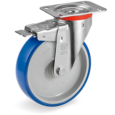 Injection polyurethane wheels, polyamide 6 centre, swivel top plate bracket type NL with front lock