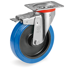 Non-marking blu elastic rubber wheels, polyamide 6 centre, swivel top plate bracket type NL with front lock