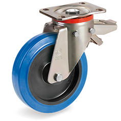 Non-marking blu elastic rubber wheels, polyamide 6 centre, swivel top plate bracket type P with rear lock