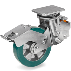 TR-ROLL polyurethane wheels, aluminium centre, swivel sprung loaded top plate bracket EES MHD with brake