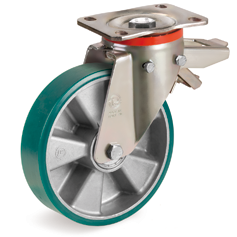 TR-ROLL polyurethane wheels, aluminium centre, swivel top plate bracket type P with brake