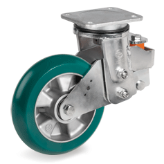 TR-ROLL polyurethane wheels with ergonomic round profile, aluminium centre, swivel sprung loaded top plate bracket EES MHD