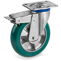  "TR Roll" polyurethane wheels with ergonomic round profile, aluminium centre, swivel medium-duty bracket (M) with brake