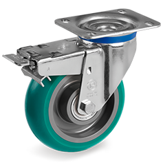  "TR Roll" polyurethane wheels with ergonomic round profile, polyamide 6 centre, swivel bracket M with brake