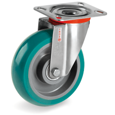 "TR Roll" polyurethane wheels with ergonomic round profile, polyamide 6 centre, swivel bracket type NLX