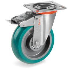 "TR Roll" polyurethane wheels with ergonomic round profile, polyamide 6 centre, swivel bracket NLX with brake