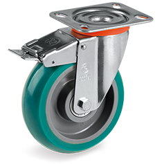  "TR Roll" polyurethane wheels with ergonomic round profile, polyamide 6 centre, swivel bracket NL with brake