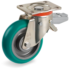 Ruote in poliuretano "TR Roll" con profilo bombato ergonomico, nucleo in poliammide 6, supporto rotante tipo P con freno