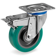  "TR Roll" polyurethane wheels, polyamide 6 centre, swivel bracket M with brake