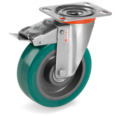 TR-ROLL polyurethane wheels, polyamid 6 centre, swivel top plate bracket type NLX with front lock