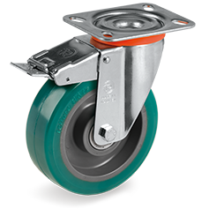 TR-ROLL polyurethane wheels, polyamid 6 centre, swivel top plate bracket type NL with front lock