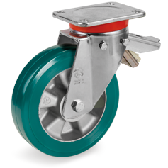 TR-ROLL polyurethane wheels, aluminium centre, swivel top plate bracket type EP with adjustable brake