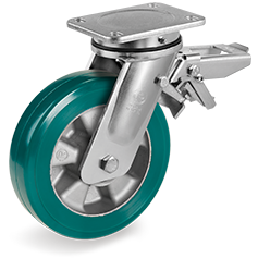 TR-ROLL polyurethane wheels, aluminium centre, swivel top plate bracket EE MHD with rear brake