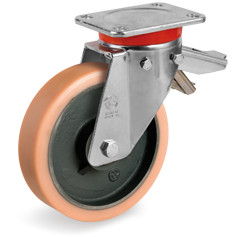 Vulkollan® polyurethane wheels, cast iron centre, swivel top plate bracket type EP with adjustable brake