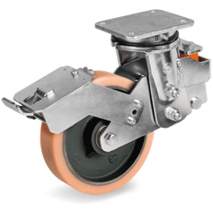 Vulkollan® wheels, cast iron centre, swivel sprung loaded top plate bracket EES MHD with brake