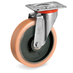 Vulkollan® polyurethane wheels, cast iron centre, swivel top plate bracket type NL