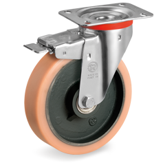 Vulkollan® polyurethane wheels, cast iron centre, swivel top plate bracket type NL with front lock