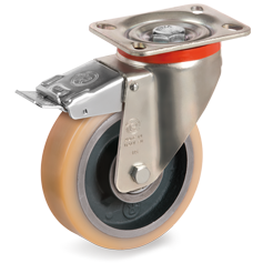 Vulkollan® polyurethane wheels, cast iron centre, swivel top plate bracket type P with front lock