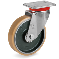 Vulkollan® polyurethane wheels, forged steel centre, swivel top plate bracket type EP