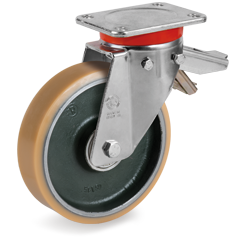 Vulkollan® polyurethane wheels, forged steel centre, swivel top plate bracket EP with adjustable brake