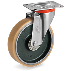 Vulkollan® polyurethane wheels, forged steel centre, swivel top plate bracket type NL