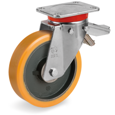 TR polyurethane wheels, cast iron centre, swivel top plate bracket type EP with adjustable brake