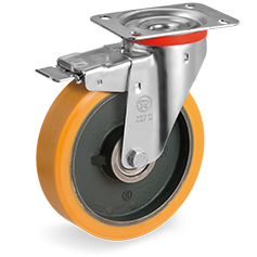 "TR" polyurethane wheels, cast iron centre, swivel top plate bracket type NL with front lock