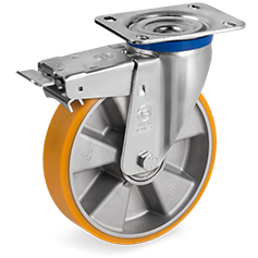 "TR" polyurethane wheels, aluminium centre, swivel top plate bracket type M with front lock