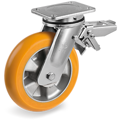  TR polyurethane wheels with ergonomic round profile, aluminium centre, swivel electrowelded bracket (EE MHD) with lock