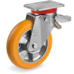  TR polyurethane wheels with ergonomic round profile, aluminium centre, swivel extra-heavy duty bracket (EP) with lock