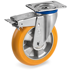 TR polyurethane wheels with ergonomic round profile, aluminium centre, swivel medium-duty bracket (M) with brake