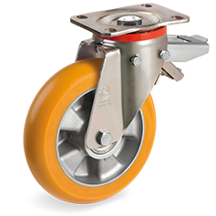 TR polyurethane wheels with ergonomic round profile, aluminium centre, swivel medium-heavy duty bracket (P) with brake