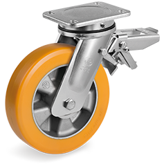 "TR" polyurethane wheels high thickness, aluminium centre, swivel top plate bracket EE MHD with brake