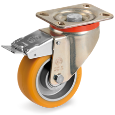 "TR" polyurethane wheels high thickness, aluminium centre, swivel top plate bracket P with brake