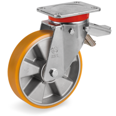 TR polyurethane wheels, aluminium centre, swivel top plate bracket type EP with adjustable brake