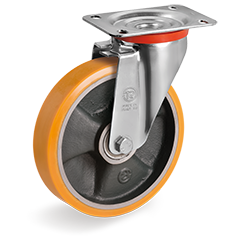 "TR" polyurethane wheels, cast iron centre, swivel top plate bracket type NL