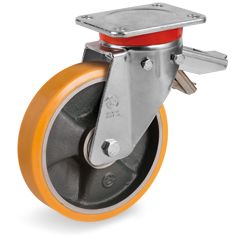 TR polyurethane wheels, cast iron centre, swivel top plate bracket type EP with adjustable brake