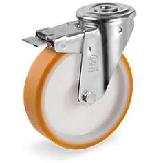 "TR" polyurethane wheels, polyamide centre, swivel bracket with bolt hole type NL with front lock