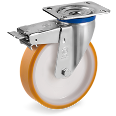 "TR" polyurethane wheels, polyamide centre, swivel bracket with bolt hole type M with front lock