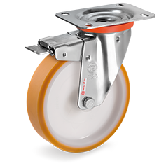 "TR" polyurethane wheels, polyamide centre, swivel top plate bracket type NLX with front lock