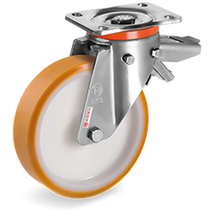 TR polyurethane wheels, polyamide 6 centre, swivel top plate bracket type PX with adjustable brake