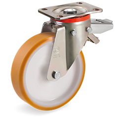TR polyurethane wheels, polyamide 6 centre, swivel top plate bracket type P with adjustable brake