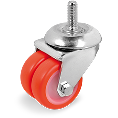 Twin injection polyurethane wheels, polyamide 6 centre, swivel bracket with stem for high carrying capacity